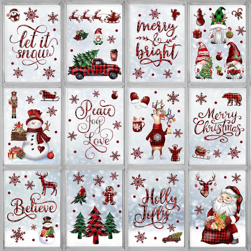 BORAMDO Christmas Window Clings 12 Sheets, Buffalo Plaid Xmas Window Decals Stickers Removable Holiday Decorations for Home & Office, 12 Styles - Image 1